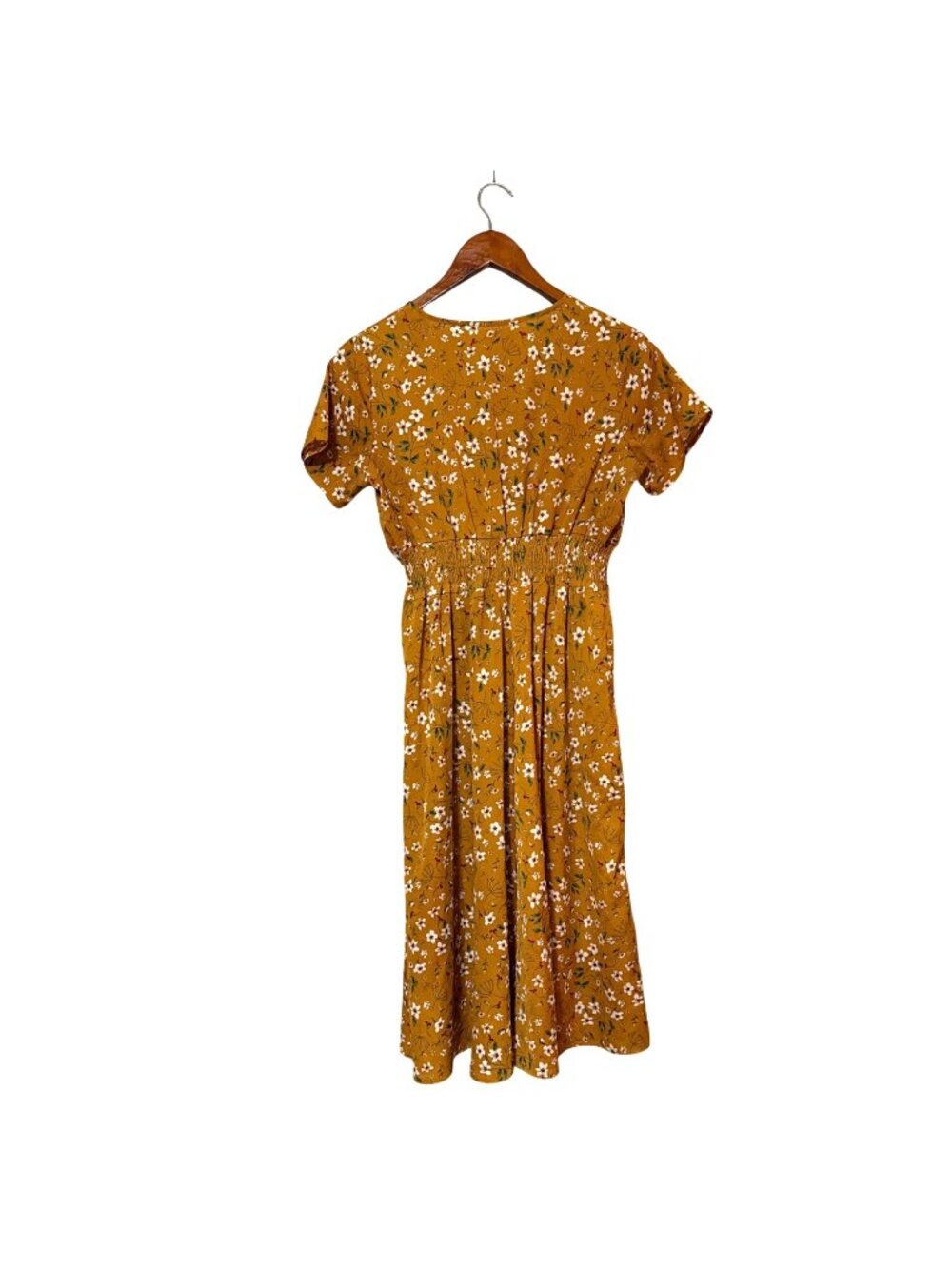 Floral Mustard Yellow Midi Dress With Elastic Waistband & Short Sleeves Fairy - Picture 2 of 5